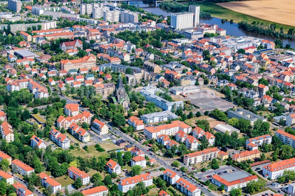 Riesa from above - Church building of Trinitatiskirche on Lutherplatz in Riesa in the state Saxony, Germany