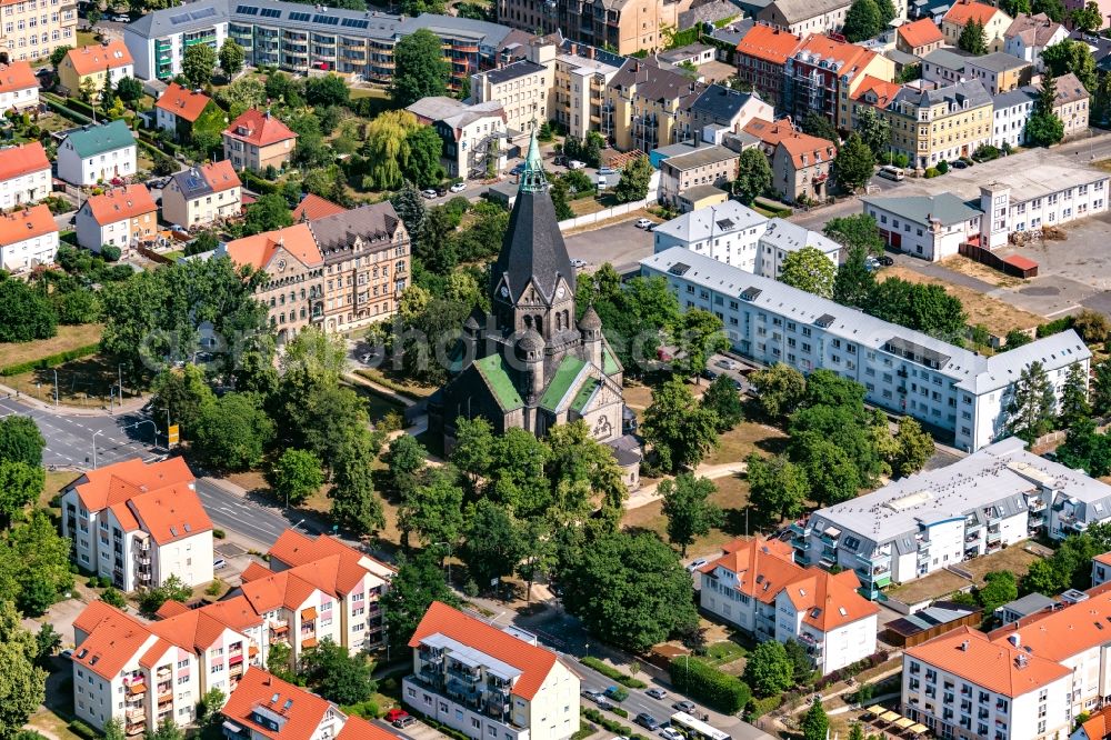 Riesa from above - Church building Trinitatiskirche in Riesa in the state Saxony, Germany