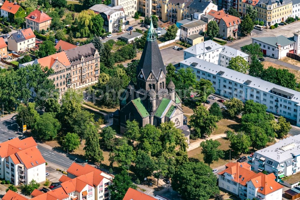 Riesa from the bird's eye view: Church building Trinitatiskirche in Riesa in the state Saxony, Germany