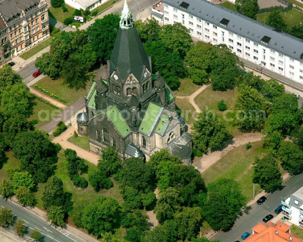 Aerial photograph Riesa - Church building Trinitatiskirche in Riesa in the state Saxony, Germany