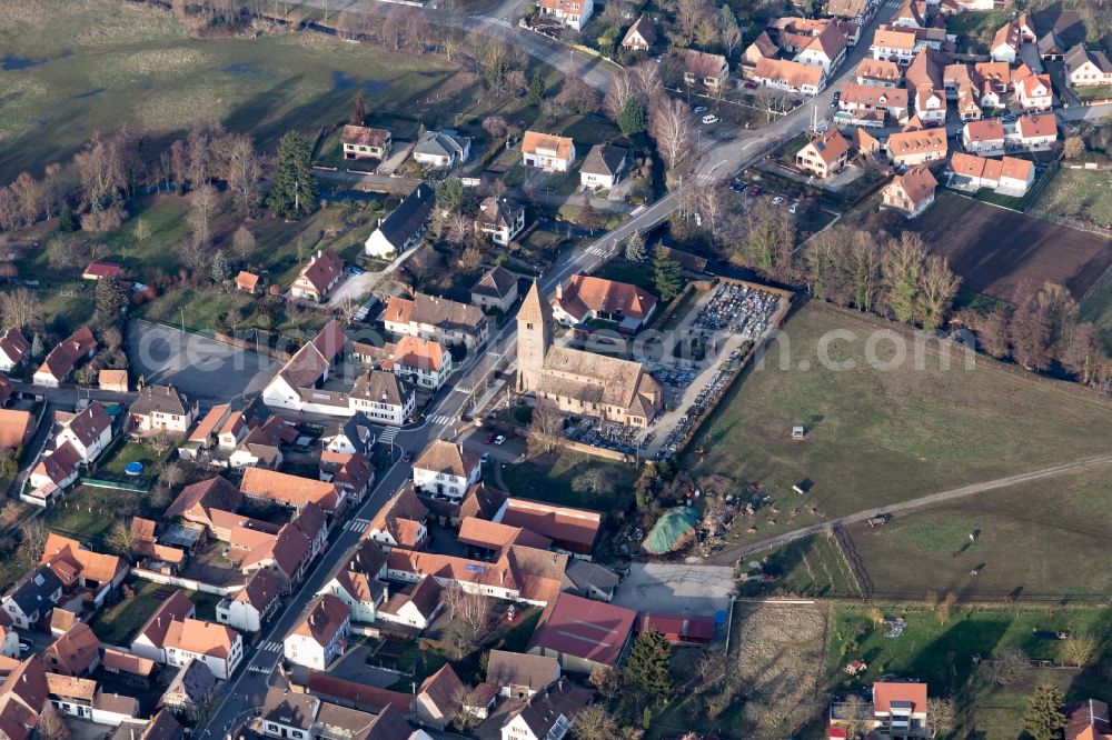 Aerial image Altenstadt - Church building of Church of St. Ulrich in the village of in Altenstadt in Grand Est, France