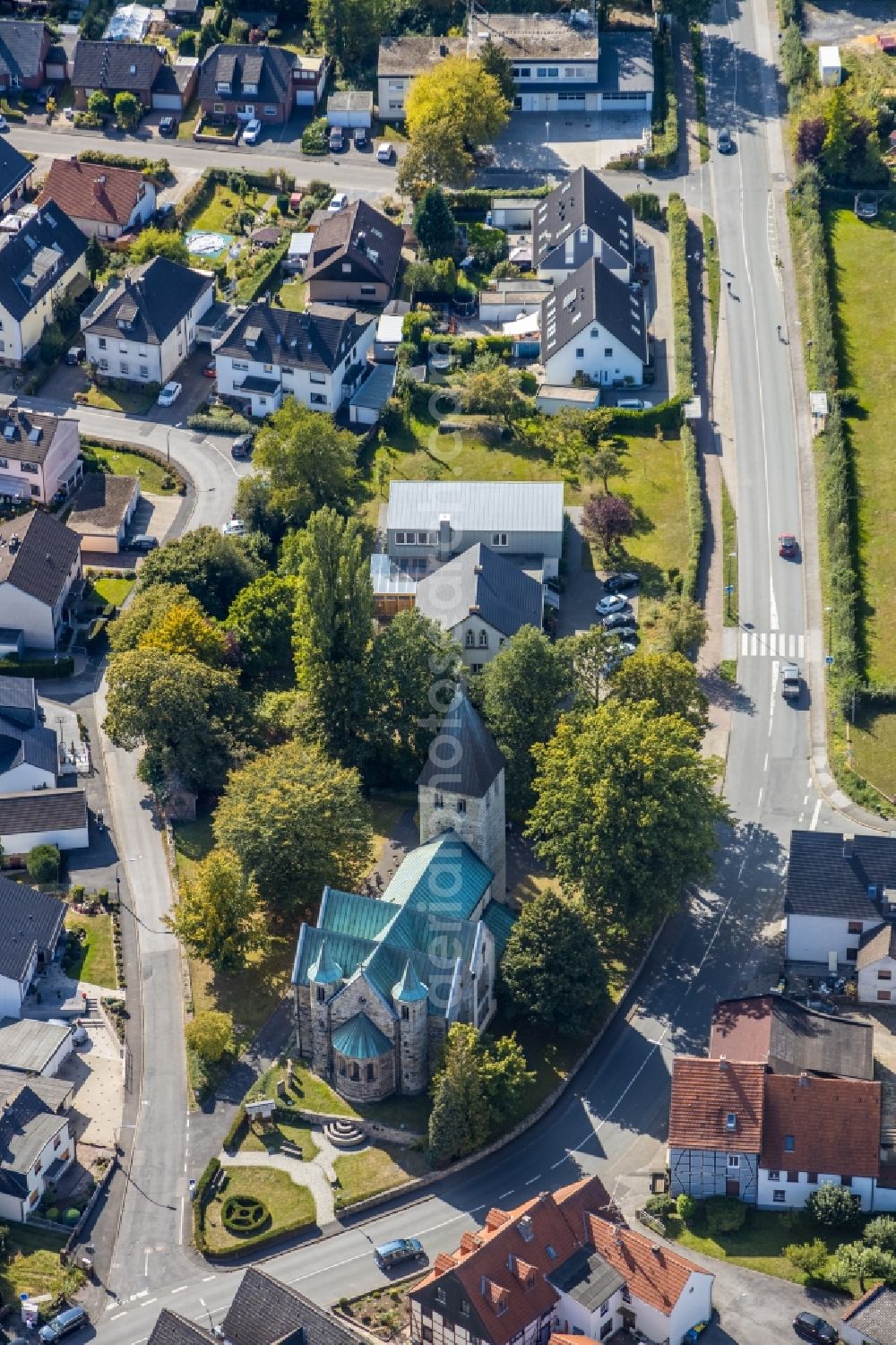 Holzwickede from above - Church building on Unnaer Strasse in the village of in the district Opherdicke in Holzwickede in the state North Rhine-Westphalia, Germany