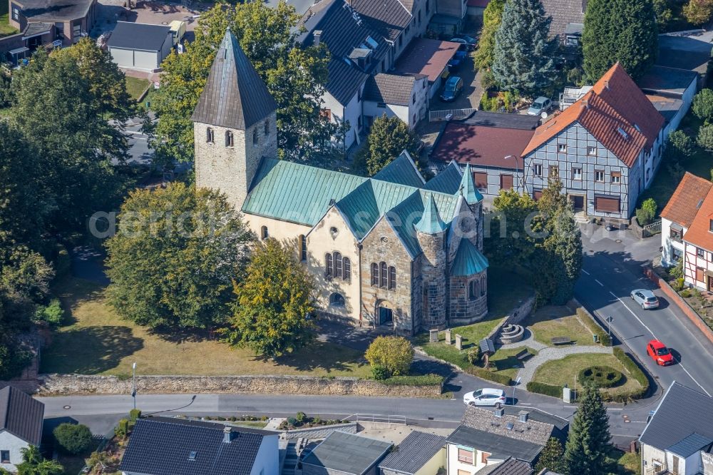 Holzwickede from above - Church building on Unnaer Strasse in the village of in the district Opherdicke in Holzwickede in the state North Rhine-Westphalia, Germany