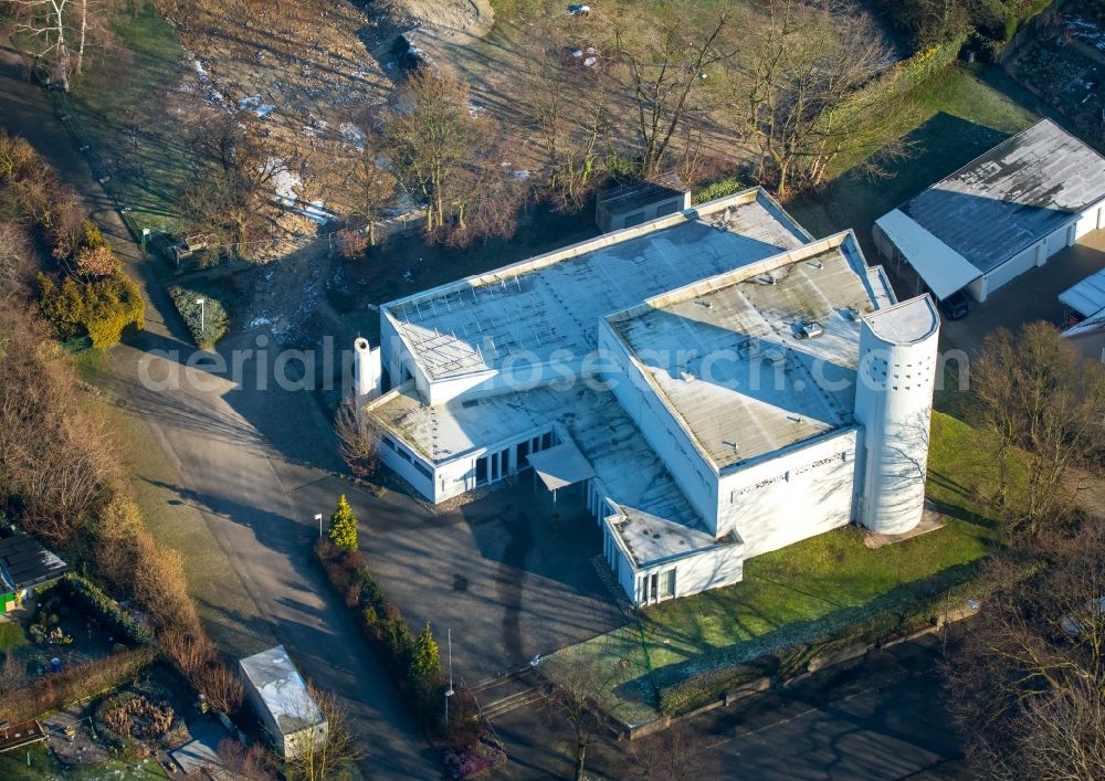 Hamm from above - Church building Versoehnungskirche in the midst of a residential area on the outskirts of Hamm in the state North Rhine-Westphalia