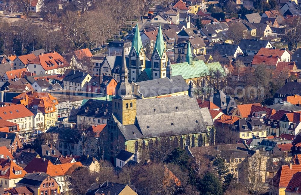 Werl from above - Church building in St. Walburga on place Kirchplatz in the Old Town- center of downtown in Werl in the state North Rhine-Westphalia, Germany