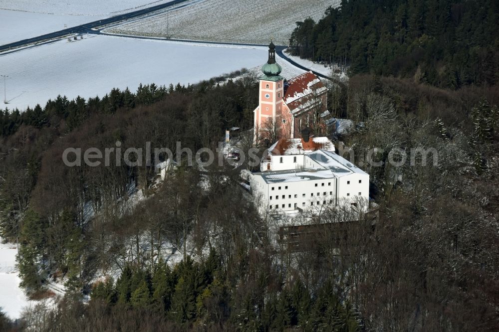 Aerial image Velburg - Wintry snowy Church building on Wallfahrt- und Dioezesanjugendhaus Habsberg in Velburg in the state Bavaria