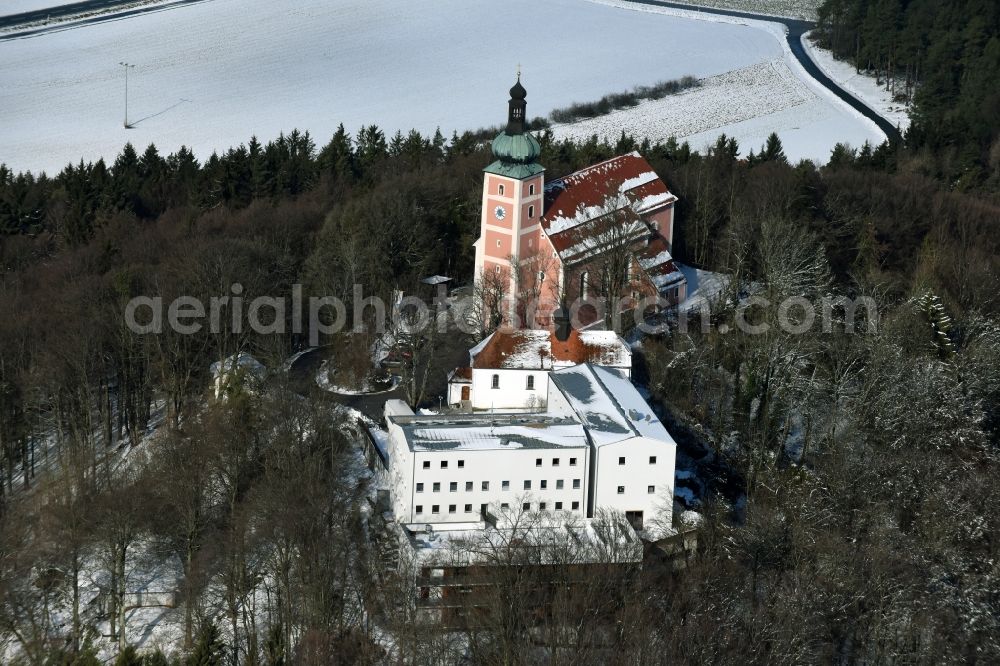 Velburg from above - Wintry snowy Church building on Wallfahrt- und Dioezesanjugendhaus Habsberg in Velburg in the state Bavaria