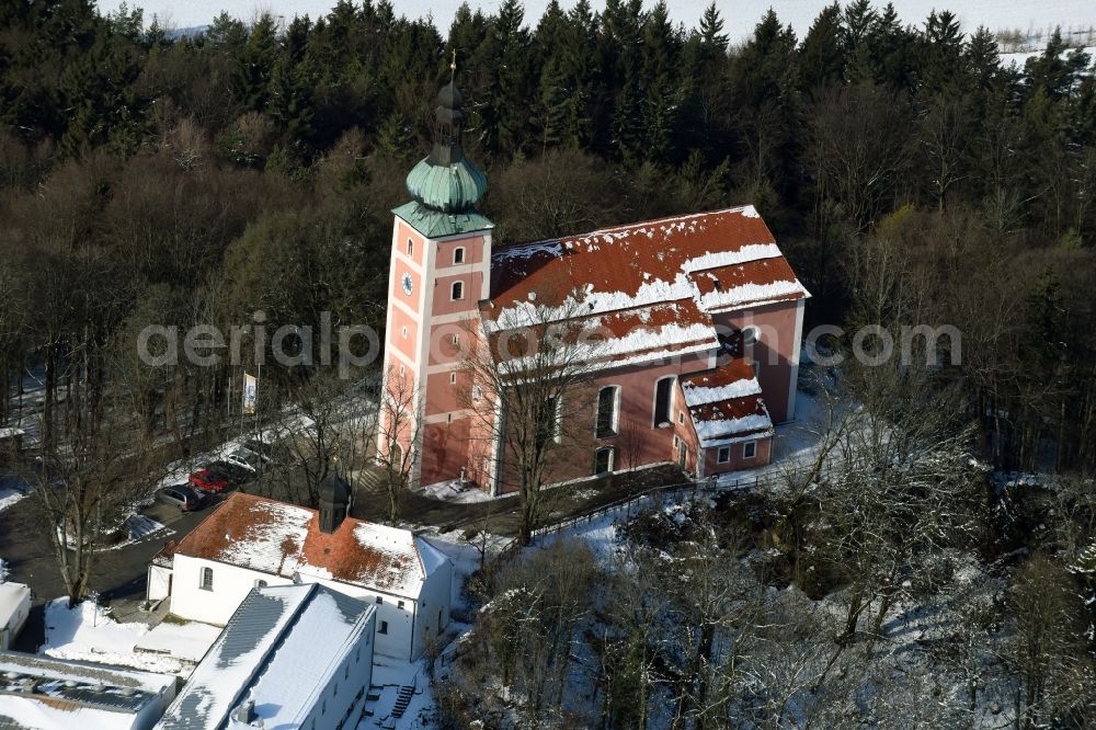 Aerial image Velburg - Wintry snowy Church building on Wallfahrt- und Dioezesanjugendhaus Habsberg in Velburg in the state Bavaria