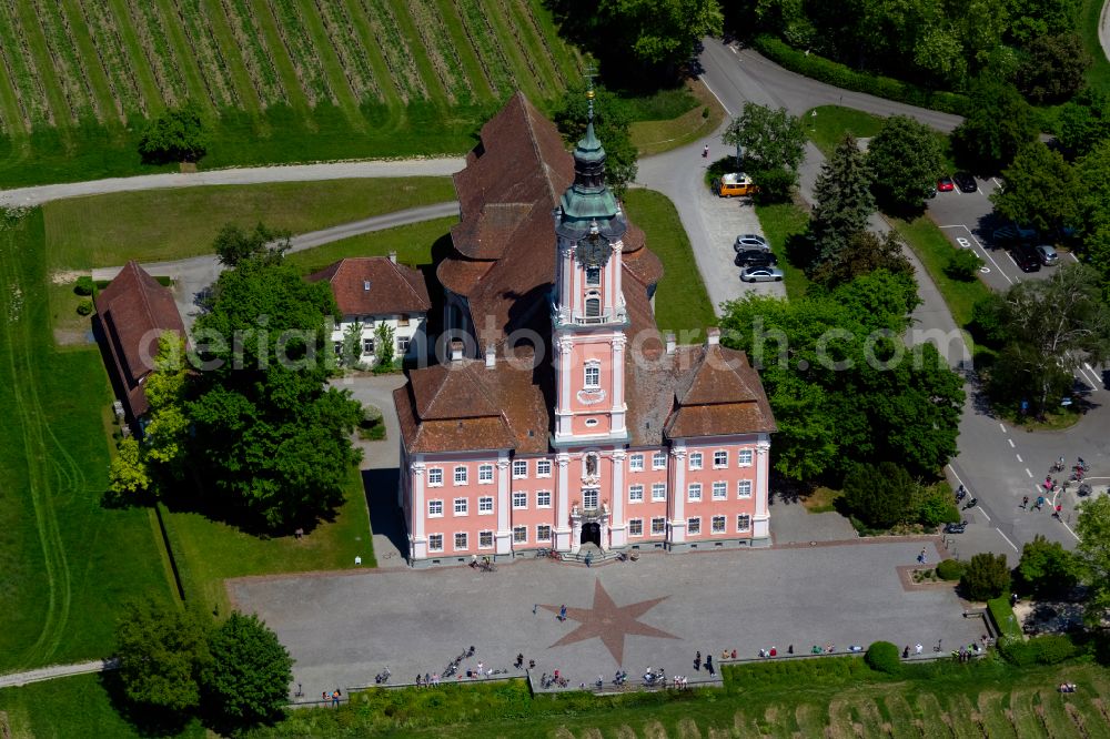 Uhldingen-Mühlhofen from above - Church building Wallfahrtskirche Basilika Birnau on street Birnau-Maurach in Uhldingen-Muehlhofen at Bodensee in the state Baden-Wuerttemberg, Germany