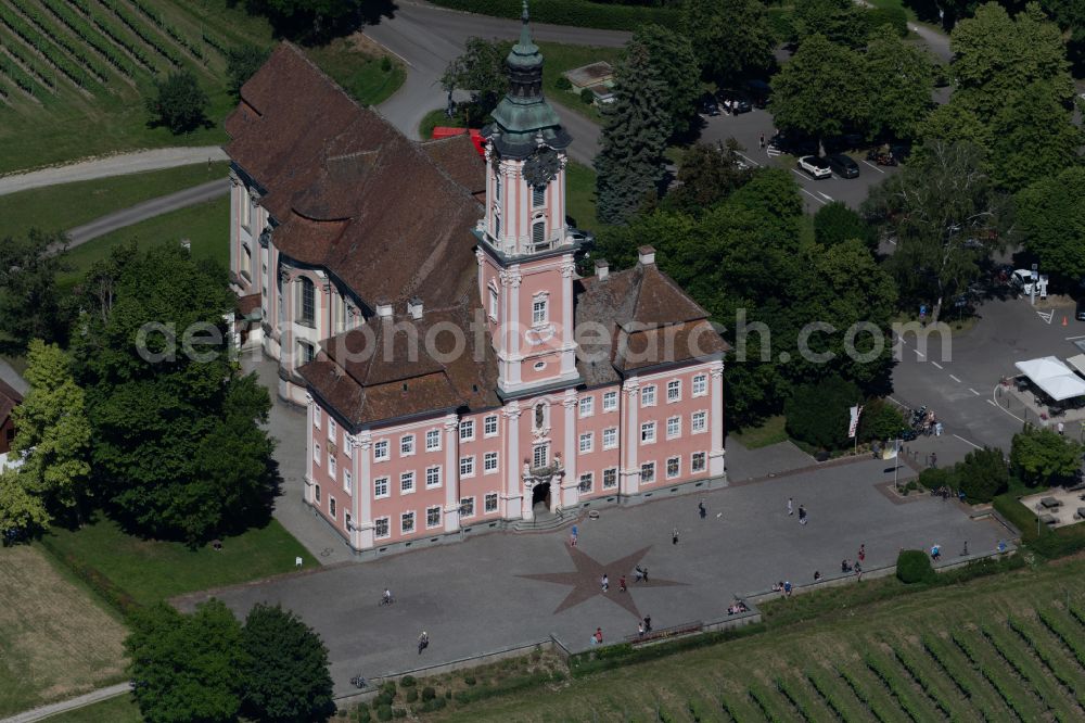 Uhldingen-Mühlhofen from above - Church building Wallfahrtskirche Basilika Birnau on street Birnau-Maurach in Uhldingen-Muehlhofen at Bodensee in the state Baden-Wuerttemberg, Germany