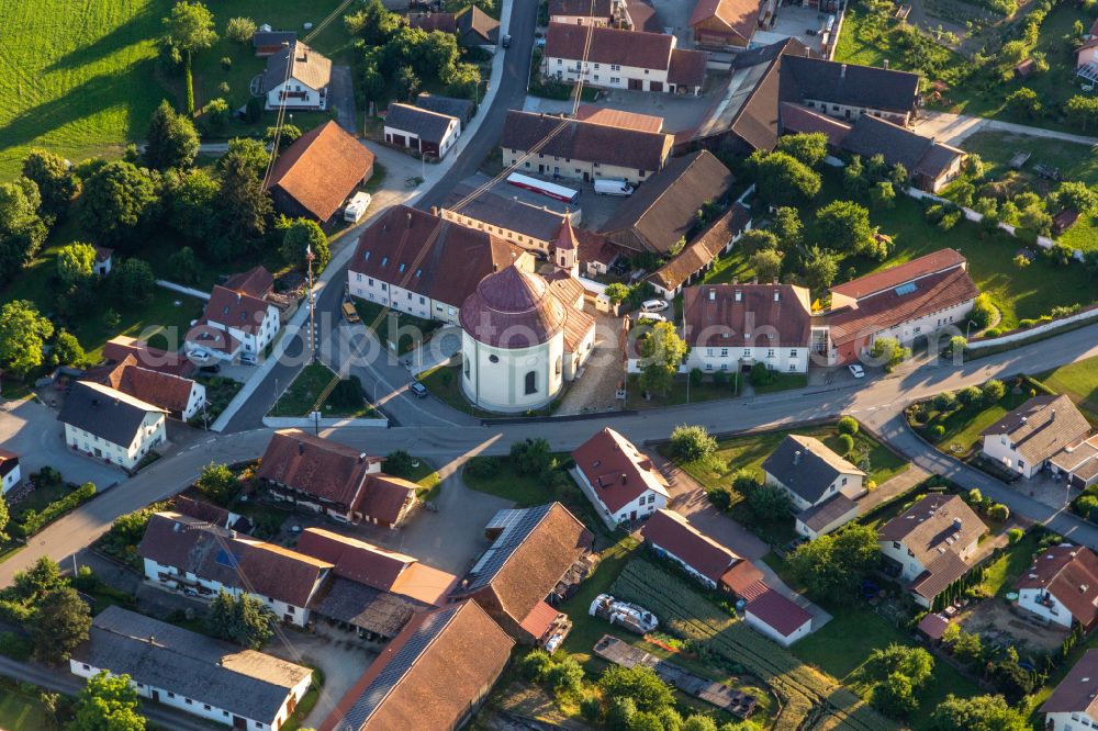 Niederachdorf from above - Church building of pilgrimage church Hl. Blut in the village of on street Pilgerstrasse in Niederachdorf in the state Bavaria, Germany