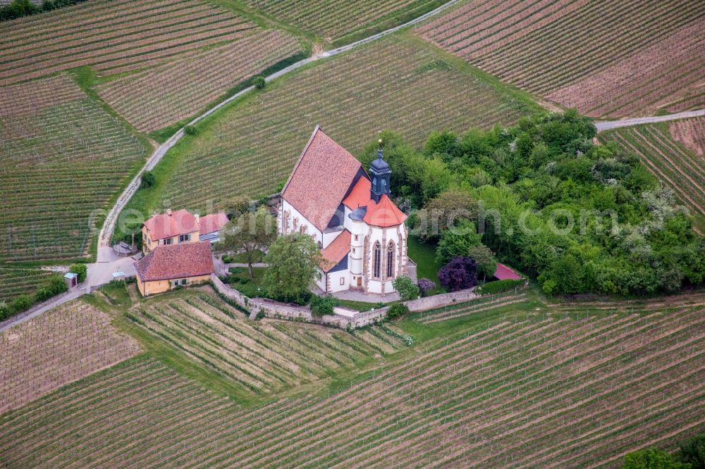 Volkach from above - Churches building the chapel Wallfahrtskirche Maria in Weingarten in Volkach in the state Bavaria, Germany