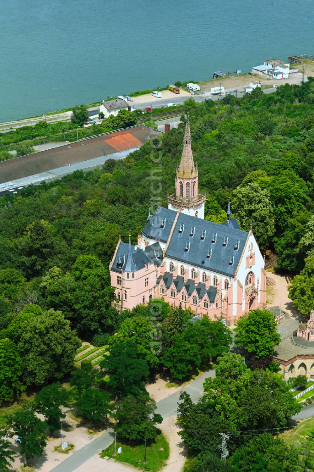 Bingen am Rhein from above - Church building Wallfahrtskirche St.-Rochus-Kapelle on street Rochusberg in the district Auf dem Rochusberg in Bingen am Rhein in the state Rhineland-Palatinate, Germany