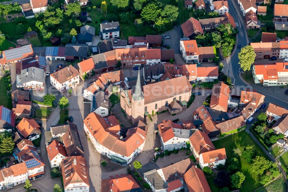 Mudau from above - Church building of St. Pankratius in the village of in Mudau in the state Baden-Wurttemberg, Germany