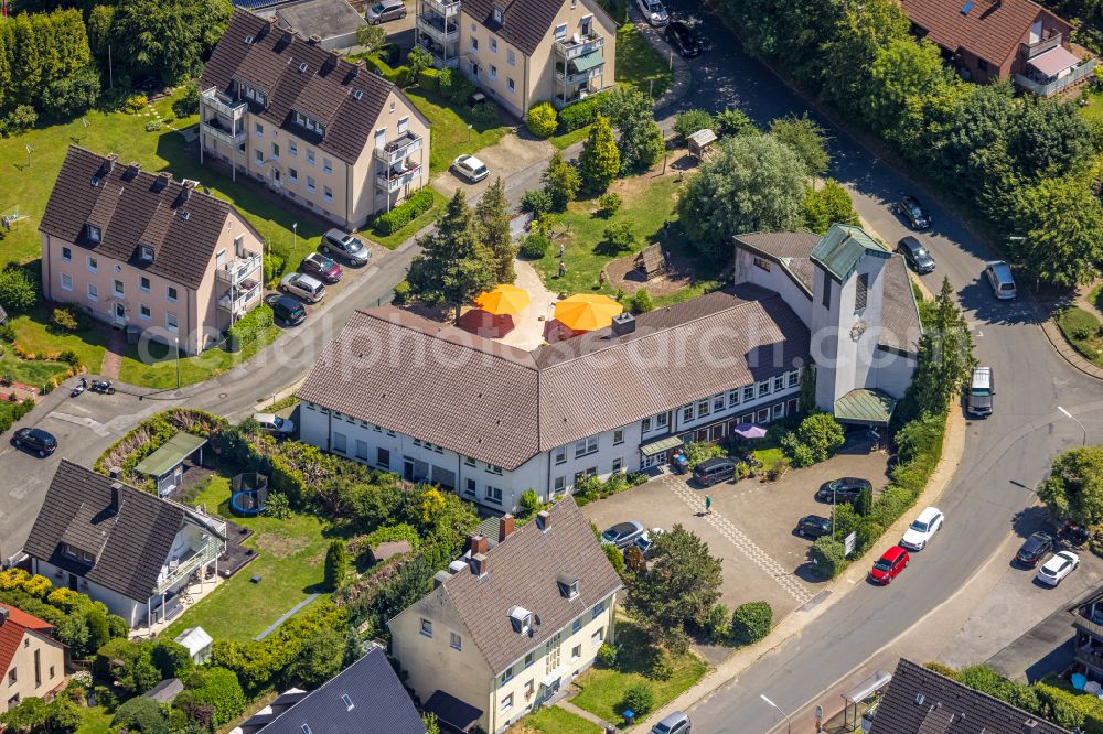 Hattingen from above - Church building Wichernkirche on street Johannessegener Strasse in Hattingen at Ruhrgebiet in the state North Rhine-Westphalia, Germany