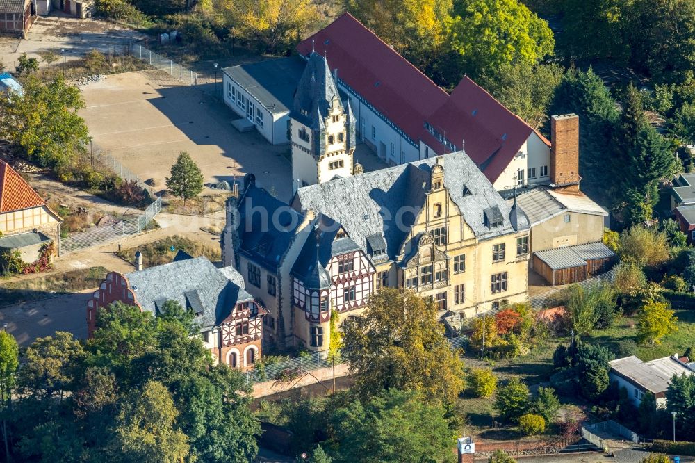 Quedlinburg from above - Church building of St. Wipertikirche with manor houses on Muehlgraben in Quedlinburg in the state Saxony-Anhalt, Germany