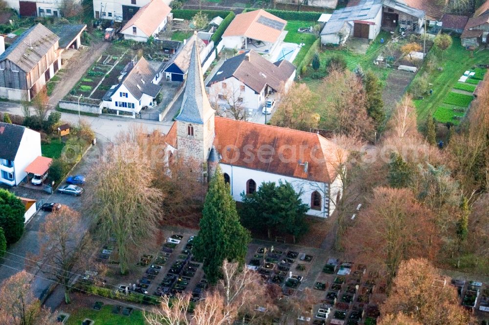 Freckenfeld from the bird's eye view: Church building of the Wolfgangs-church in the village of in Freckenfeld in the state Rhineland-Palatinate