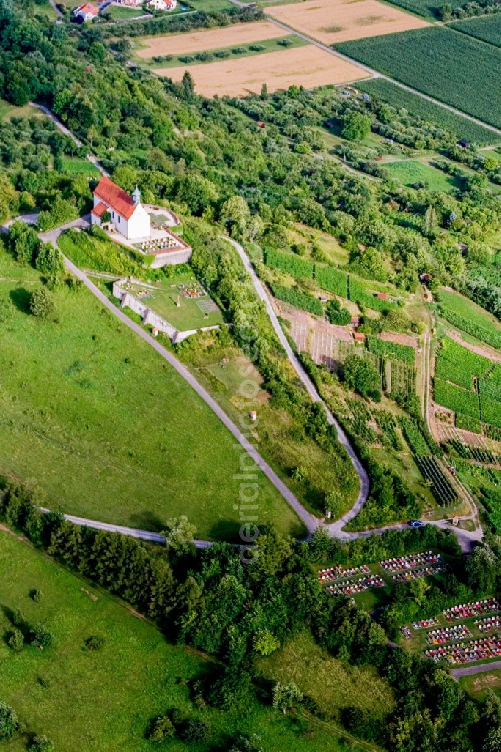 Aerial image Tübingen - Churches building the chapel Wurmlinger Kapelle - St. Remigius Kapelle in Tuebingen in the state Baden-Wuerttemberg, Germany