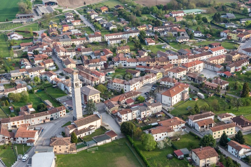 Spilimbergo from above - Church tower and tower roof at the church building of Chiesa di San NicolA? in Spilimbergo in Friuli-Venezia Giulia, Italy