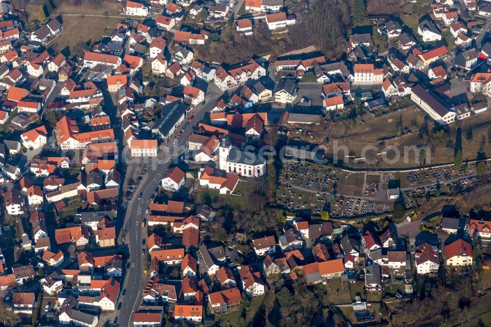 Lautertal (Odenwald) from above - Church tower and tower roof at the church building of Evangelic Church of Reichenbach in Lautertal (Odenwald) in the state Hesse, Germany