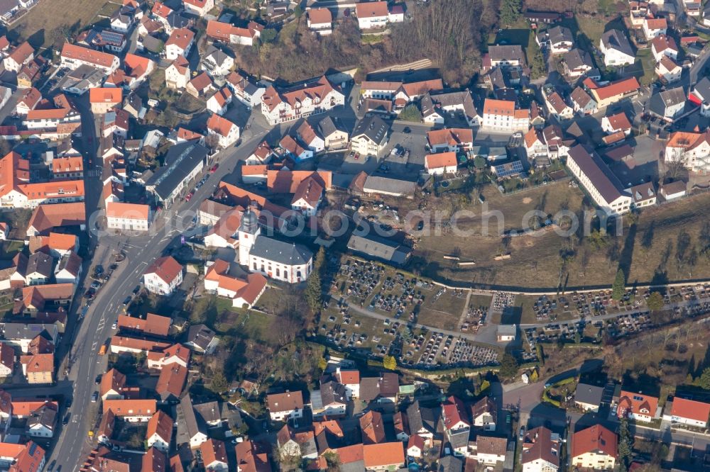 Lautertal (Odenwald) from the bird's eye view: Church tower and tower roof at the church building of Evangelic Church of Reichenbach in Lautertal (Odenwald) in the state Hesse, Germany