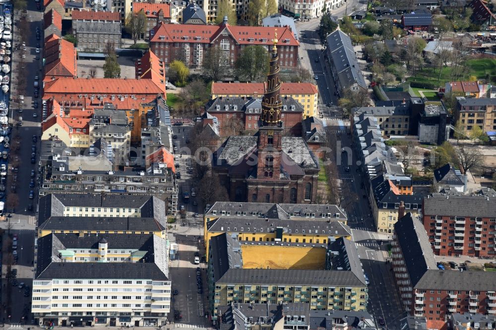 Kopenhagen from above - Church tower and tower roof at the church building of Vor Frelsers Kirke Sonkt on Annae Gade in Copenhagen in Region Hovedstaden, Denmark