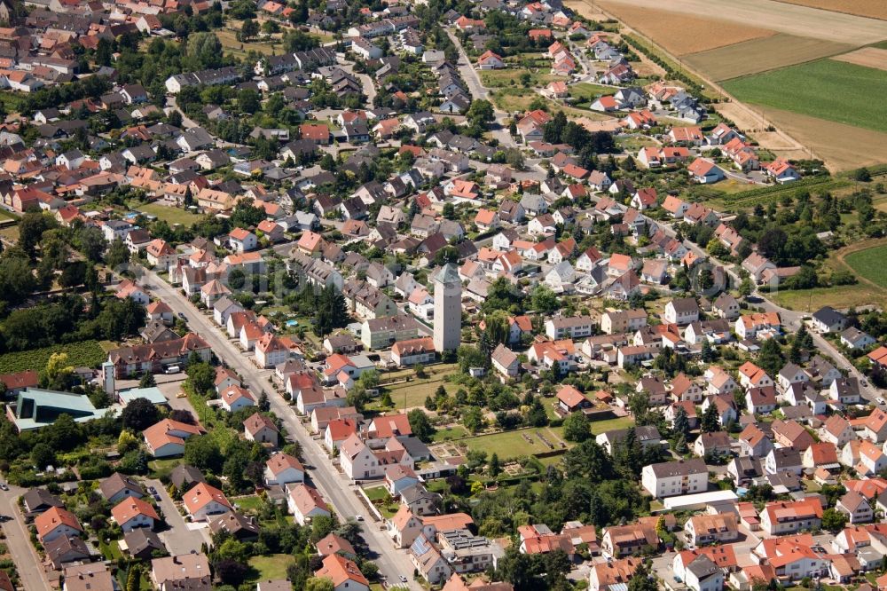 Aerial photograph Neustadt an der Weinstraße - Church tower and tower roof at the church building of Heilig Kreuz in the district Lachen-Speyerdorf in Neustadt an der Weinstrasse in the state Rhineland-Palatinate, Germany