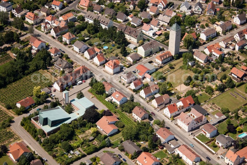 Neustadt an der Weinstraße from above - Church tower and tower roof at the church building of Heilig Kreuz in the district Lachen-Speyerdorf in Neustadt an der Weinstrasse in the state Rhineland-Palatinate, Germany