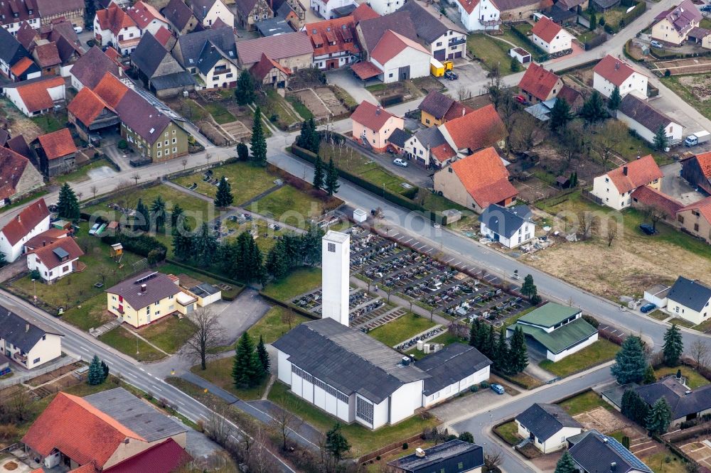 Aerial image Eppingen - Church tower and tower roof at the church building of Kath. Gemeinde in the district Richen in Eppingen in the state Baden-Wuerttemberg, Germany