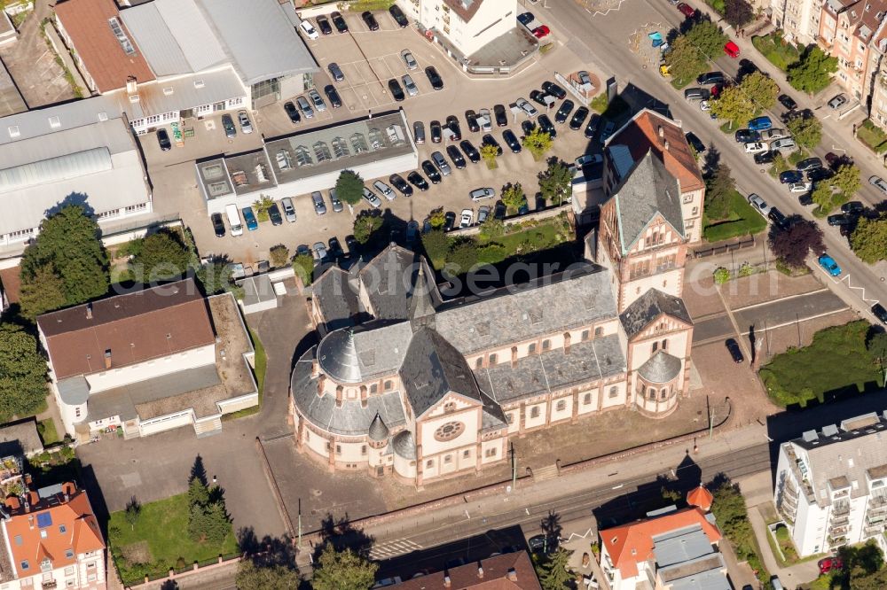 Karlsruhe from above - Church tower and tower roof at the catholic church building of St. Bonifatius in the district Weststadt in Karlsruhe in the state Baden-Wuerttemberg, Germany