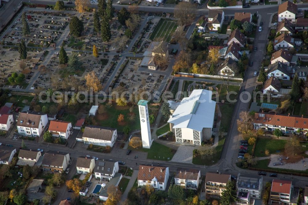 Aerial photograph Kandel - Church tower and tower roof at the church building of catholic St.Pius in Kandel in the state Rhineland-Palatinate, Germany