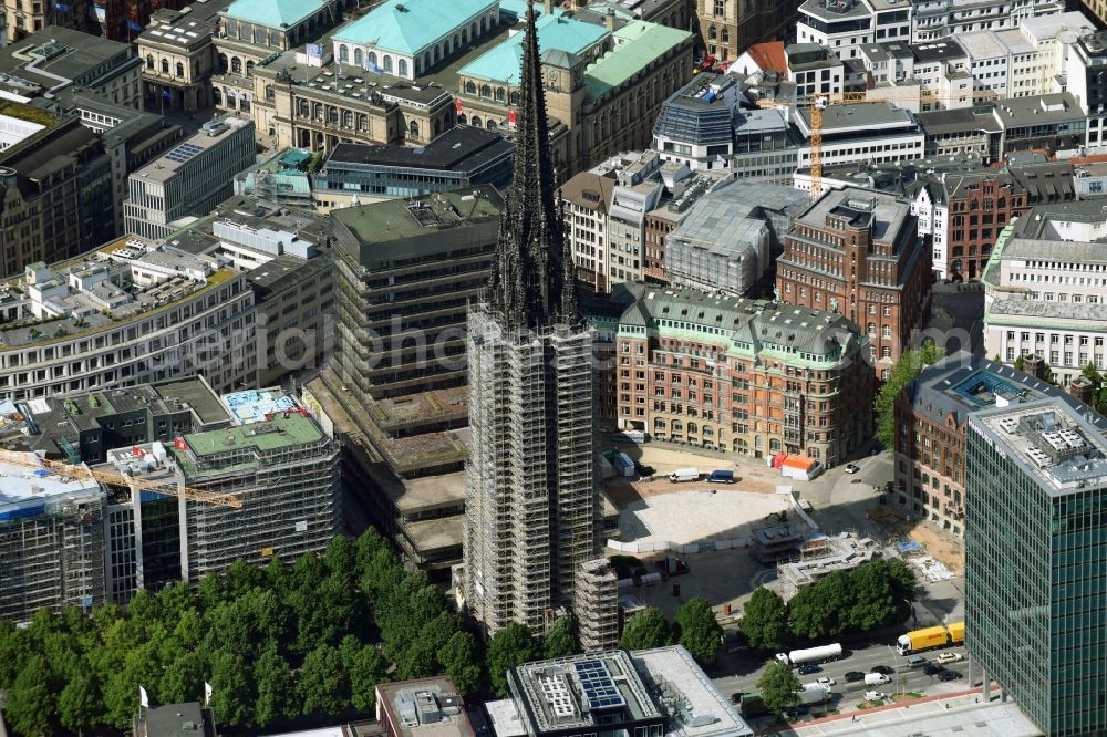 Hamburg from above - Church tower and tower roof at the church building of Mahnmal St. Nikolai on Willy-Brandt-Strasse in Hamburg, Germany