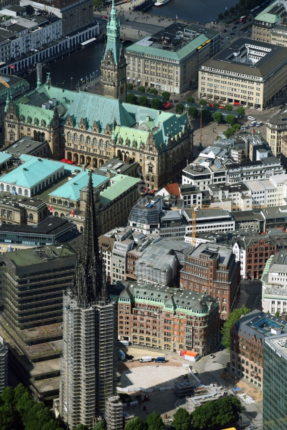 Hamburg from the bird's eye view: Church tower and tower roof at the church building of Mahnmal St. Nikolai on Willy-Brandt-Strasse in Hamburg, Germany