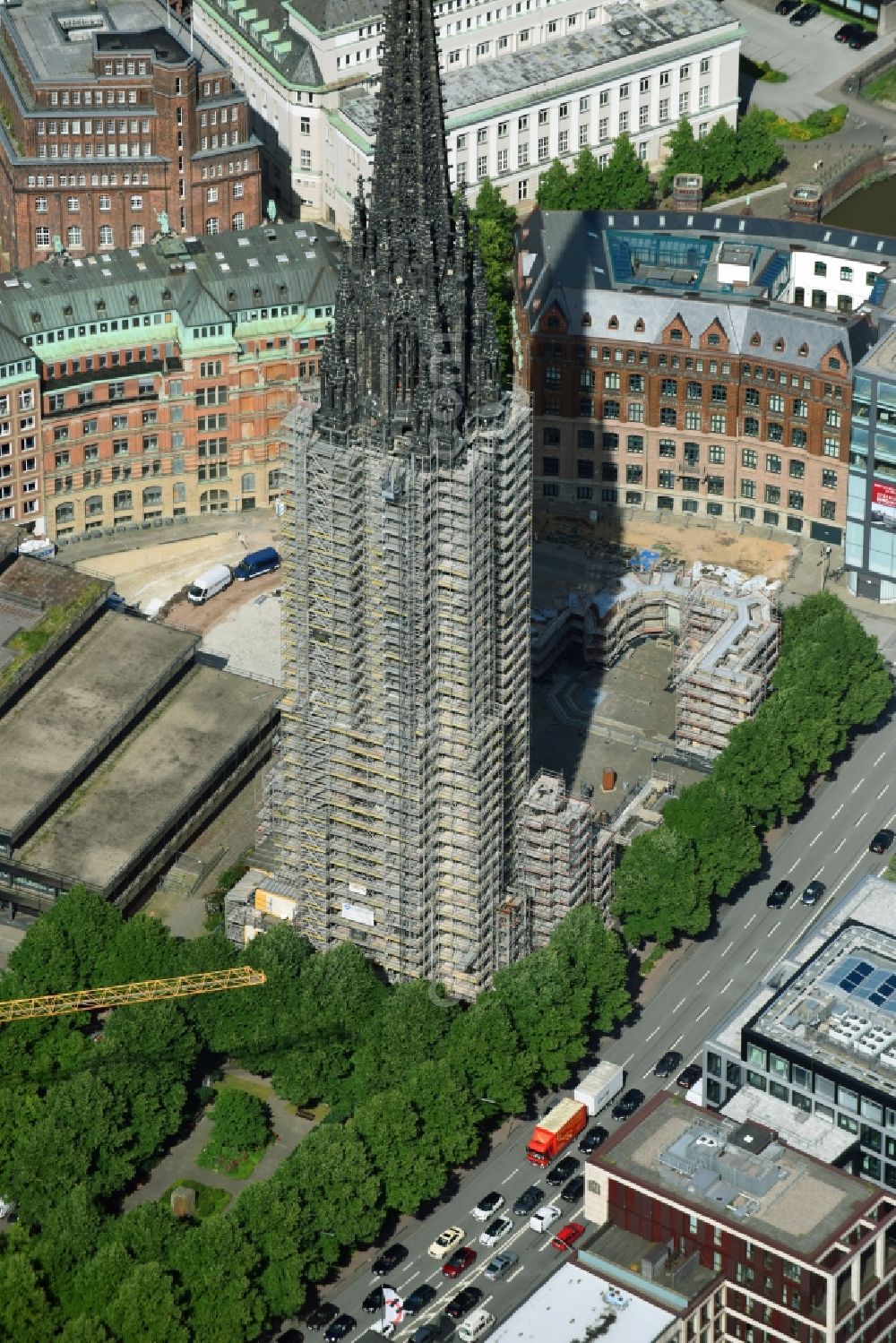 Hamburg from the bird's eye view: Church tower and tower roof at the church building of Mahnmal St. Nikolai on Willy-Brandt-Strasse in Hamburg, Germany