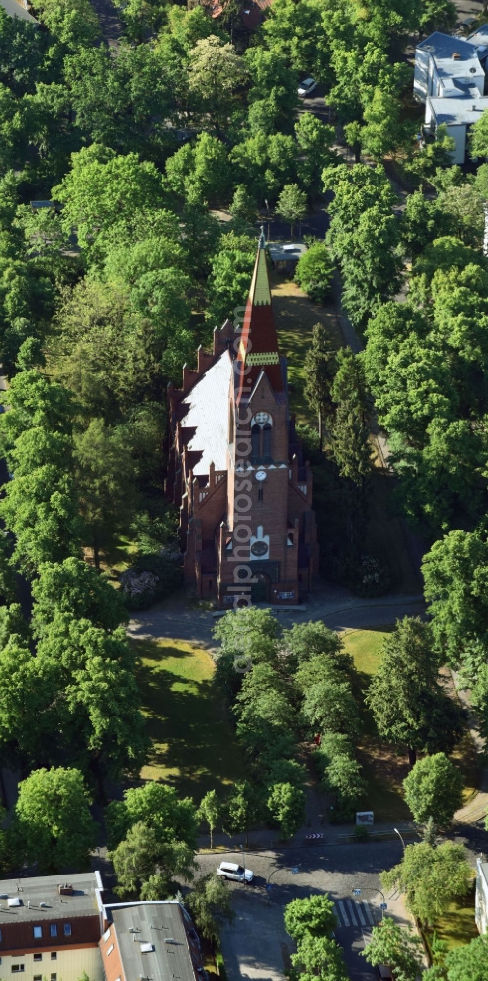 Aerial photograph Berlin - Church tower and tower roof at the church building of Petruskirche in Berlin Lichterfelde, Germany