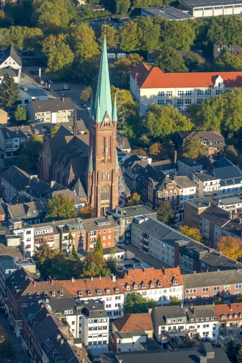 Gladbeck from the bird's eye view: Church tower and tower roof at the church building of Propsteikirche St.Lamberti in Gladbeck in the state North Rhine-Westphalia