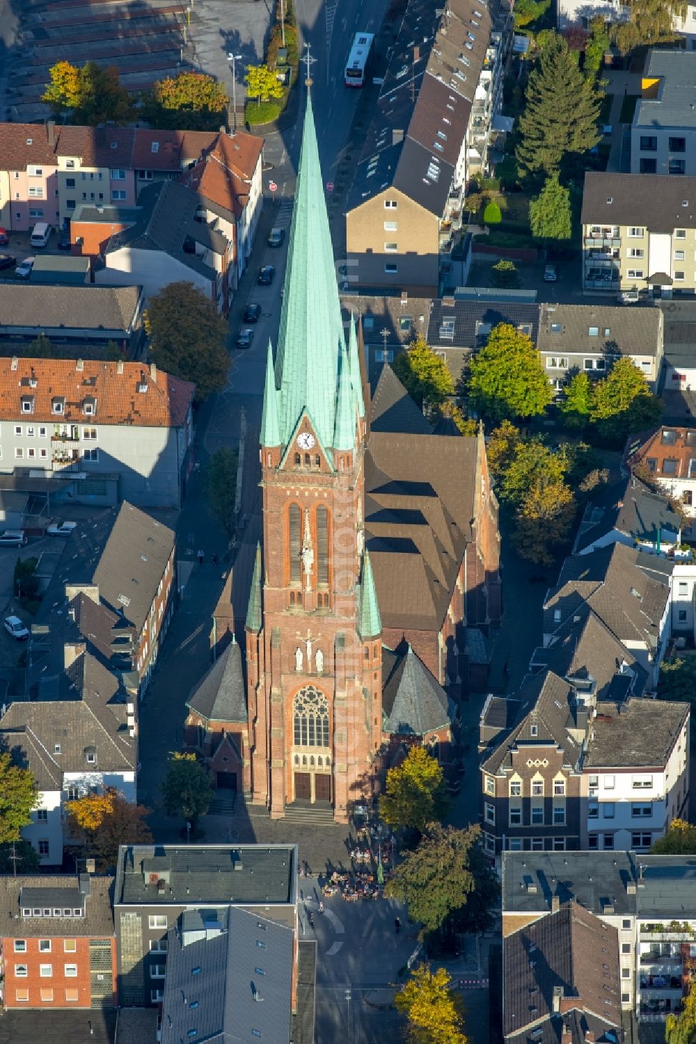 Aerial image Gladbeck - Church tower and tower roof at the church building of Propsteikirche St.Lamberti in Gladbeck in the state North Rhine-Westphalia