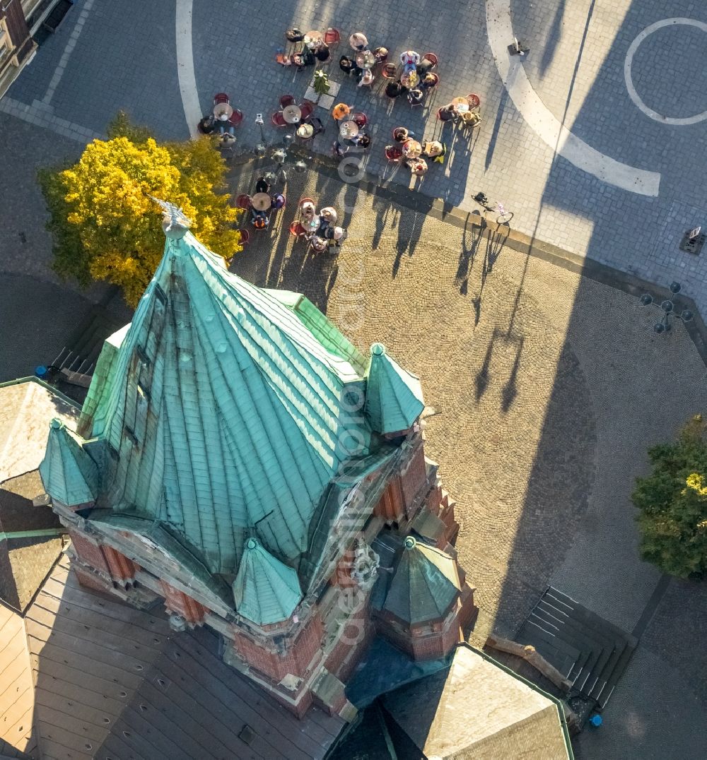 Gladbeck from above - Church tower and tower roof at the church building of Propsteikirche St.Lamberti in Gladbeck in the state North Rhine-Westphalia