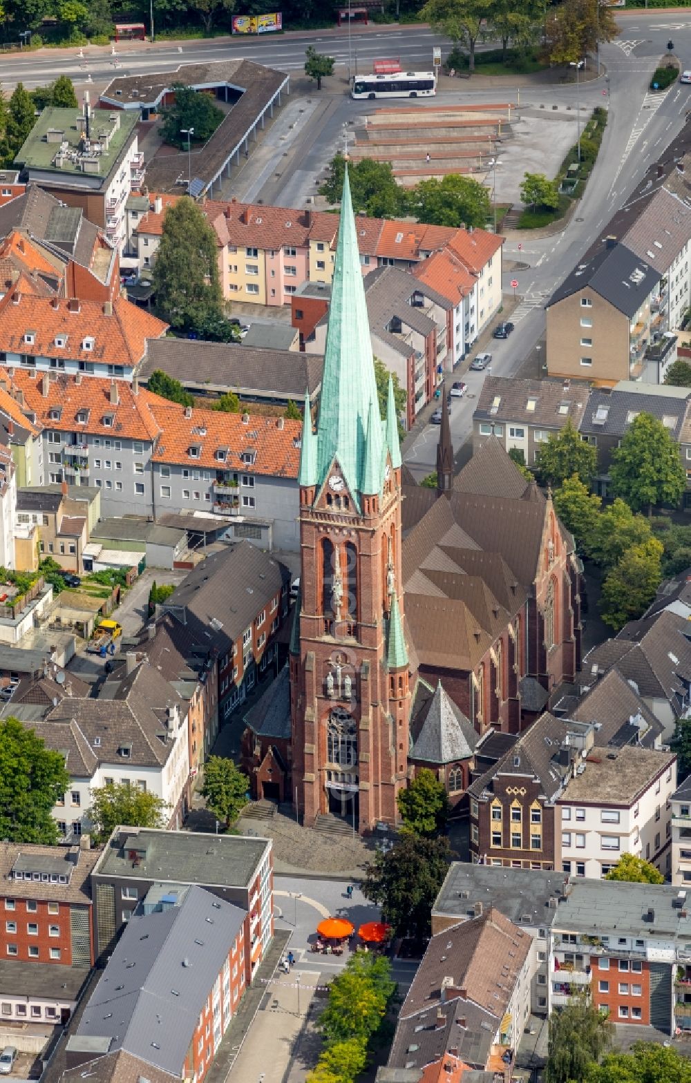 Gladbeck from above - Church tower and tower roof at the church building of Propsteikirche St.Lamberti in Gladbeck in the state North Rhine-Westphalia