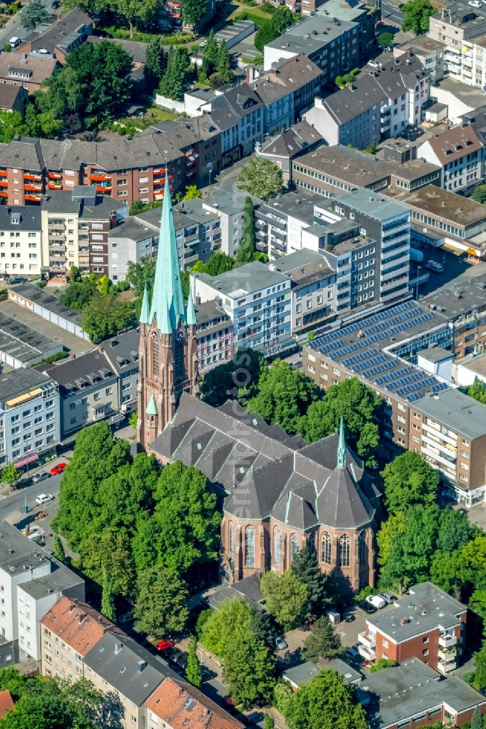 Aerial image Gladbeck - Church tower and tower roof at the church building of Propsteikirche St.Lamberti in Gladbeck in the state North Rhine-Westphalia