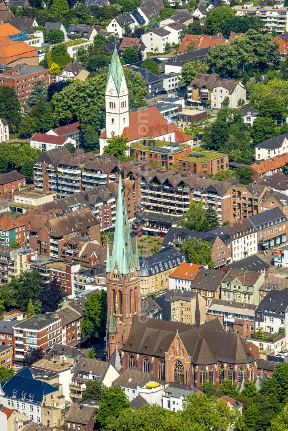 Aerial photograph Gladbeck - Church tower and tower roof at the church building of Propsteikirche St.Lamberti in Gladbeck at Ruhrgebiet in the state North Rhine-Westphalia