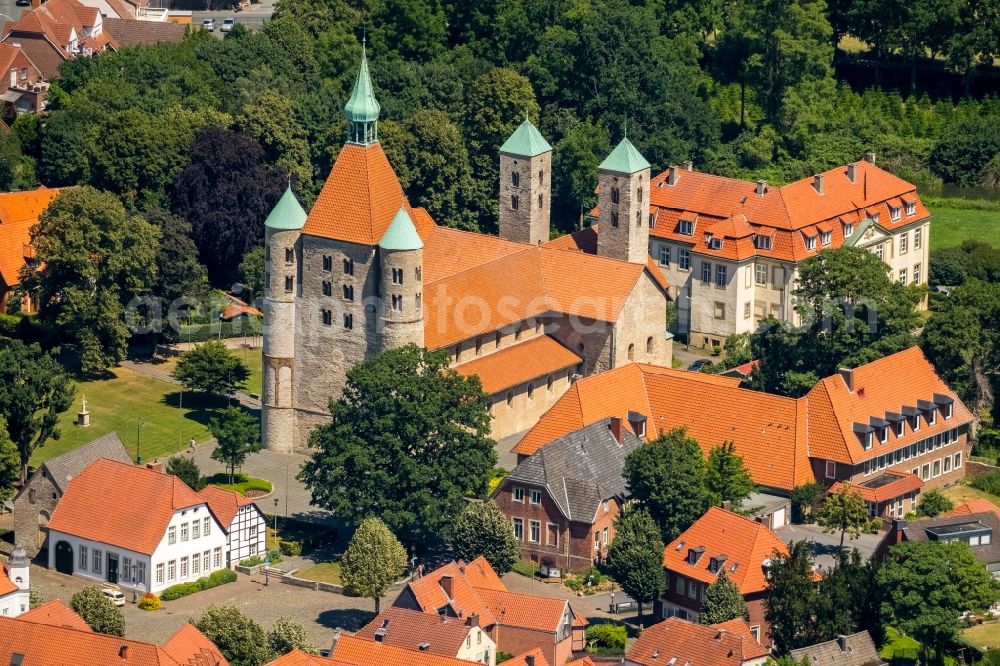 Freckenhorst from above - Church tower and tower roof at the church building of Schloss Freckenhorst on Stiftshof in Freckenhorst in the state North Rhine-Westphalia, Germany