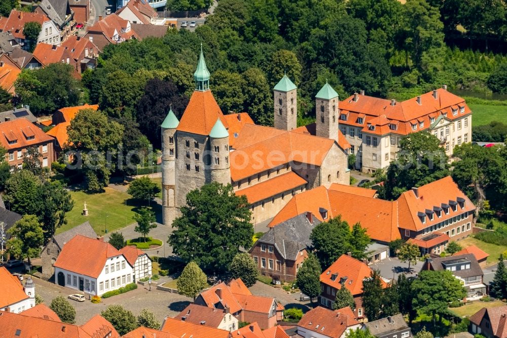 Aerial image Freckenhorst - Church tower and tower roof at the church building of Schloss Freckenhorst on Stiftshof in Freckenhorst in the state North Rhine-Westphalia, Germany