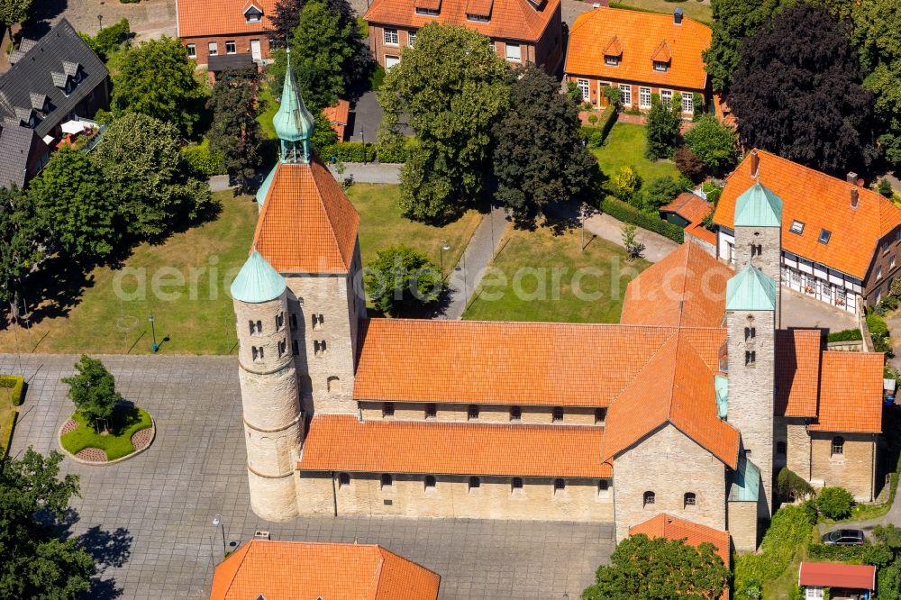 Freckenhorst from above - Church tower and tower roof at the church building of Schloss Freckenhorst on Stiftshof in Freckenhorst in the state North Rhine-Westphalia, Germany