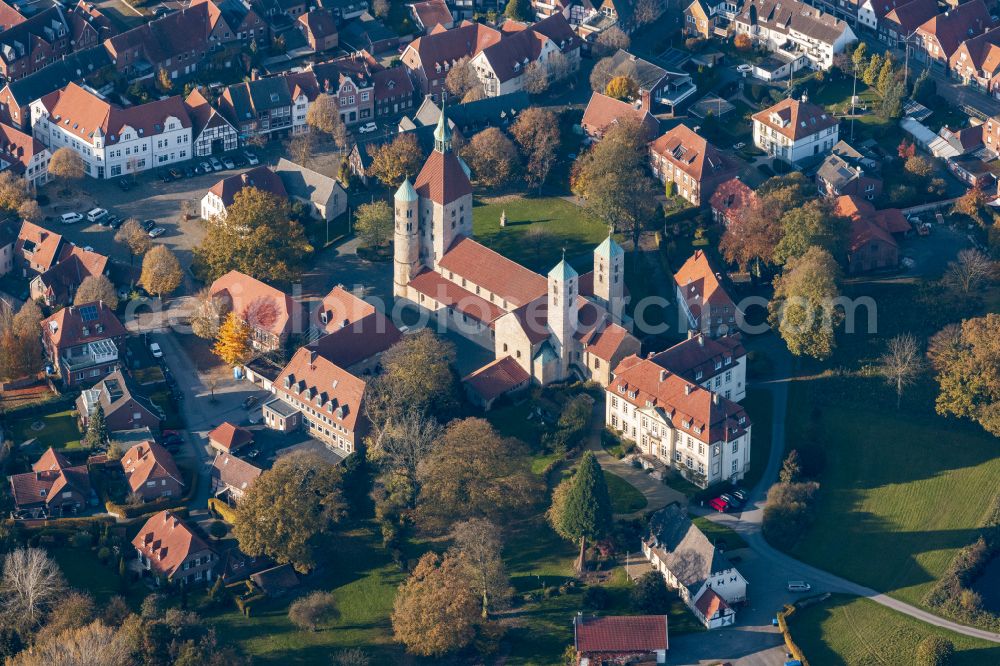 Freckenhorst from above - Church tower and tower roof at the church building of Schloss Freckenhorst on Stiftshof in Freckenhorst in the state North Rhine-Westphalia, Germany