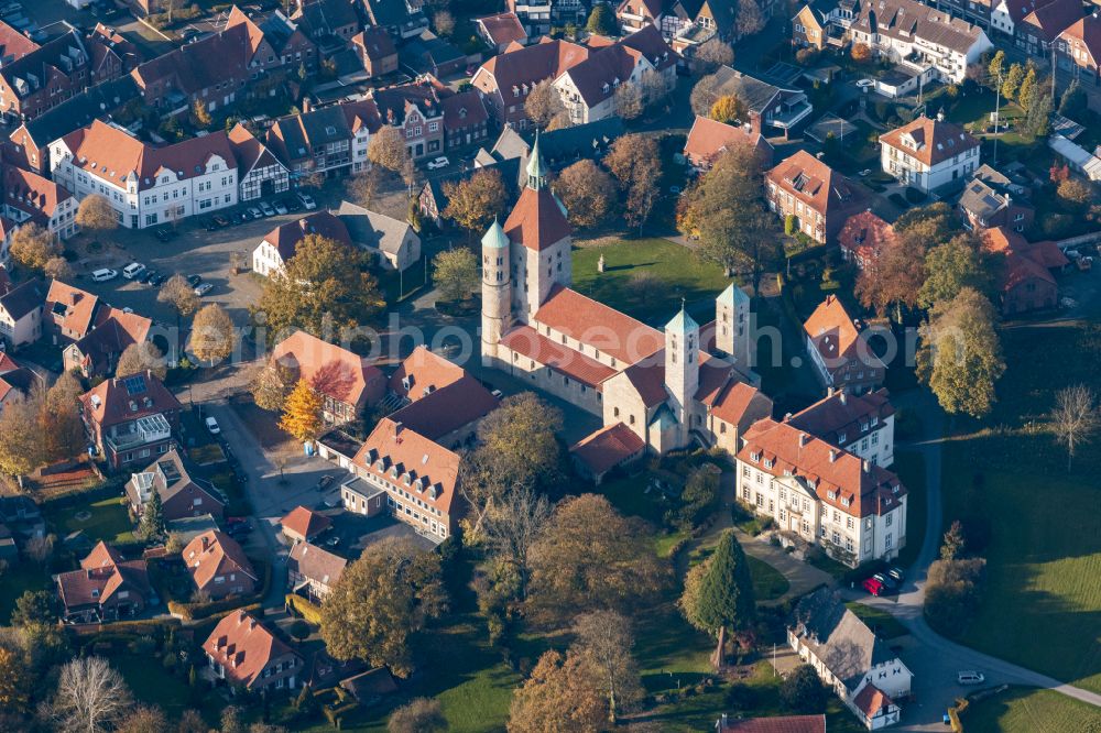 Freckenhorst from the bird's eye view: Church tower and tower roof at the church building of Schloss Freckenhorst on Stiftshof in Freckenhorst in the state North Rhine-Westphalia, Germany