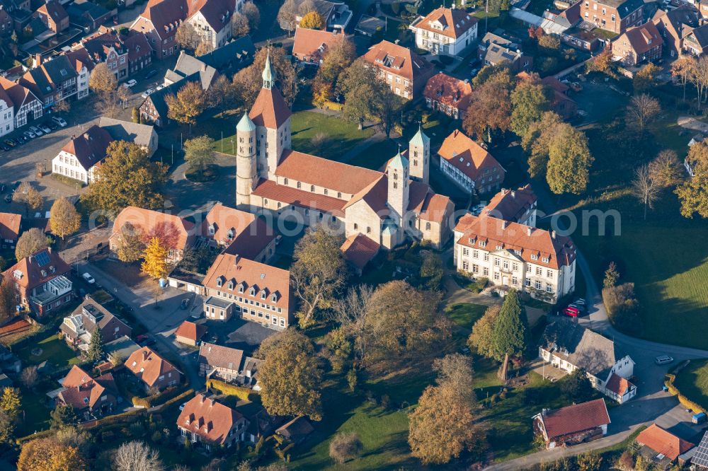 Aerial image Freckenhorst - Church tower and tower roof at the church building of Schloss Freckenhorst on Stiftshof in Freckenhorst in the state North Rhine-Westphalia, Germany