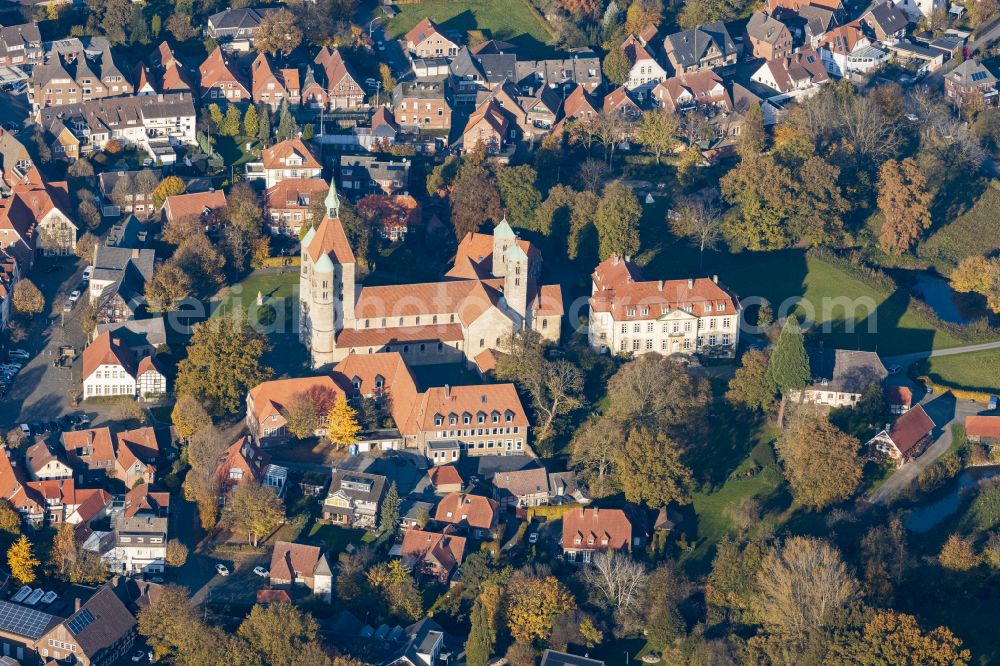 Aerial photograph Freckenhorst - Church tower and tower roof at the church building of Schloss Freckenhorst on Stiftshof in Freckenhorst in the state North Rhine-Westphalia, Germany