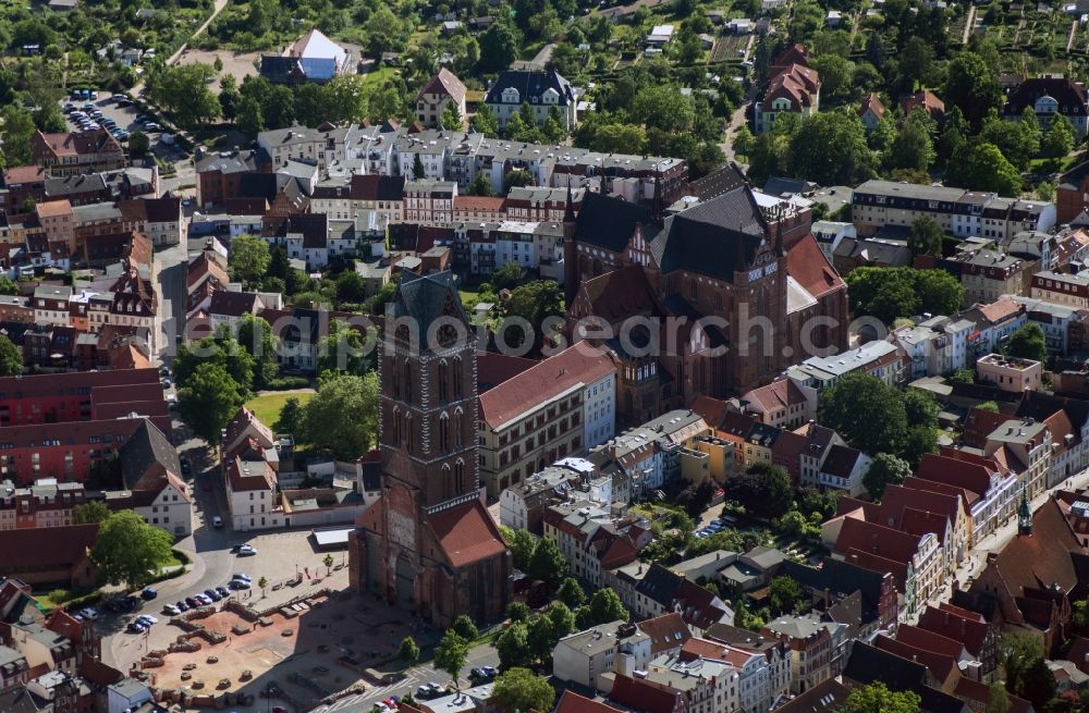 Wismar from the bird's eye view: Church tower of St. Mary's Church in the center of the Old Town of Wismar in Mecklenburg - Western Pomerania