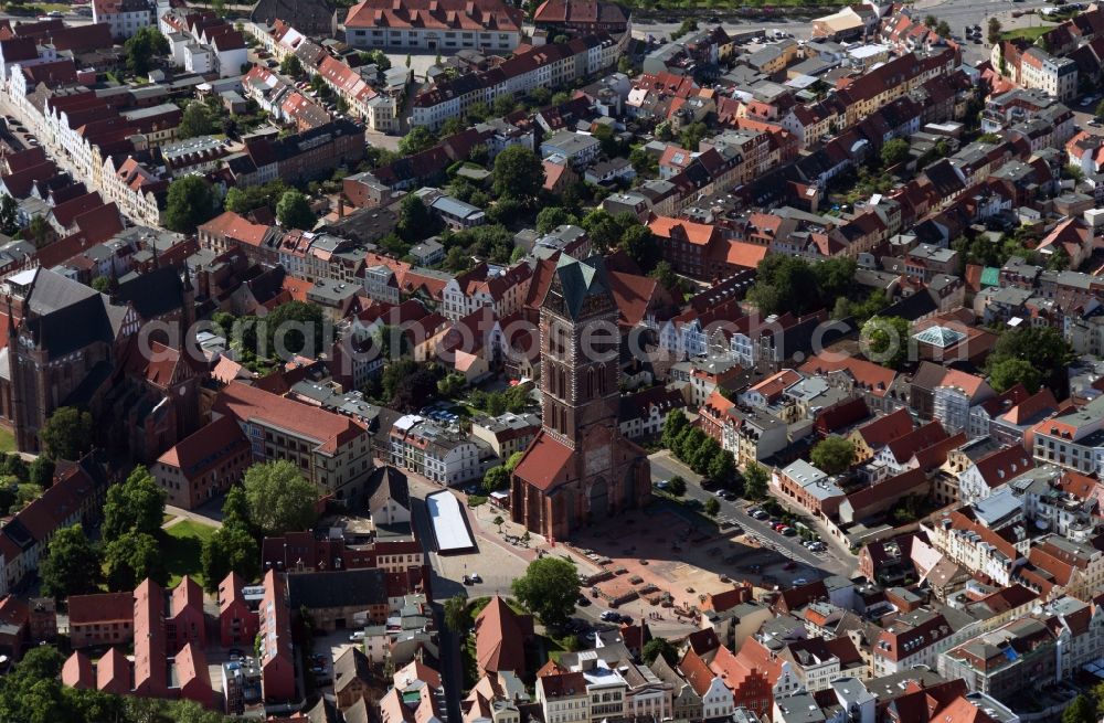 Aerial image Wismar - Church tower of St. Mary's Church in the center of the Old Town of Wismar in Mecklenburg - Western Pomerania